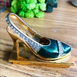 Trinket Box Emerald Green Bejeweled High Heel Shoe on Gold Platform